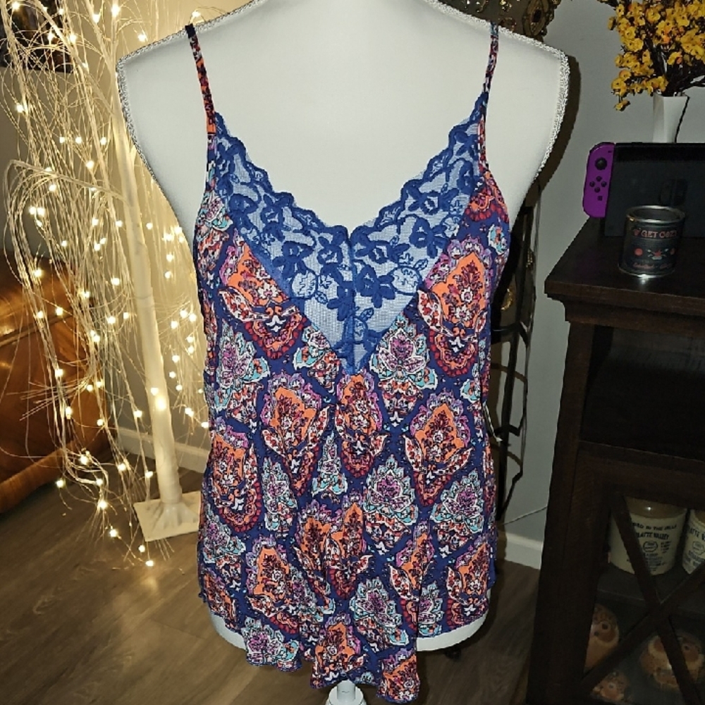 Self-Esteem Women's Blue and Orange Lace Trim Tank Top. Sz medium,NWTS!! Pretty!